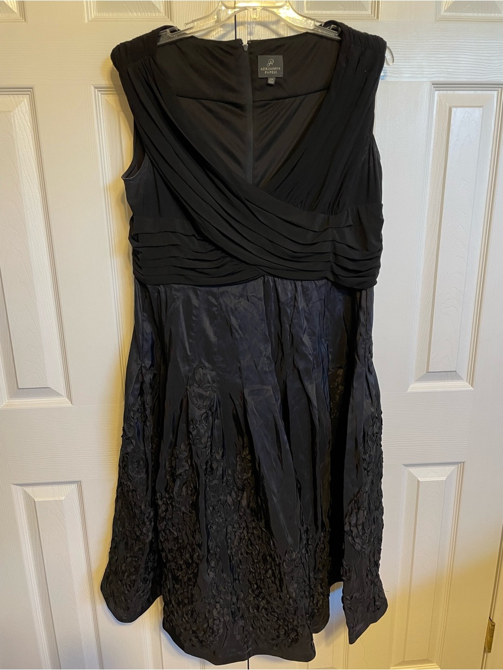 Adrianna Papell Black Textured Midi Dress with V-Neck Draping
